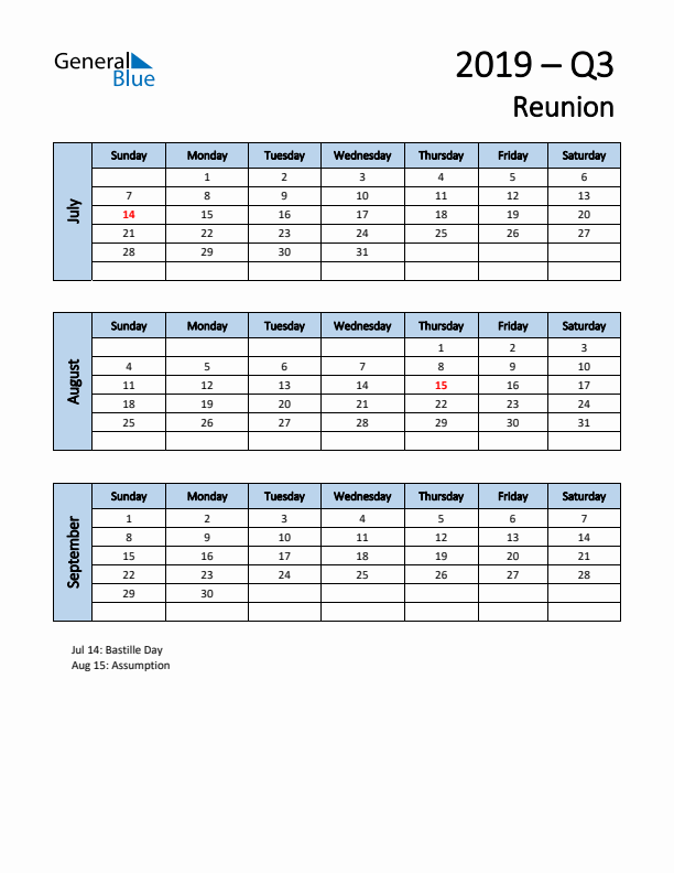 Free Q3 2019 Calendar for Reunion - Sunday Start