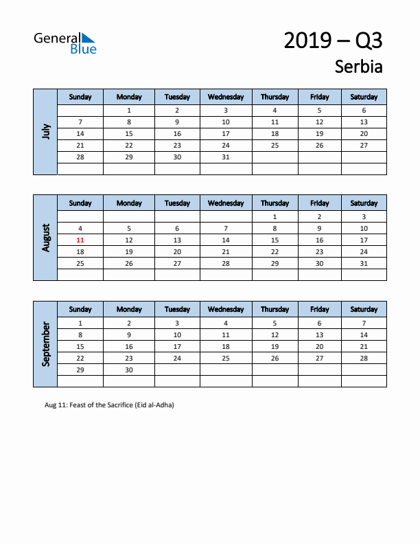 Free Q3 2019 Calendar for Serbia - Sunday Start