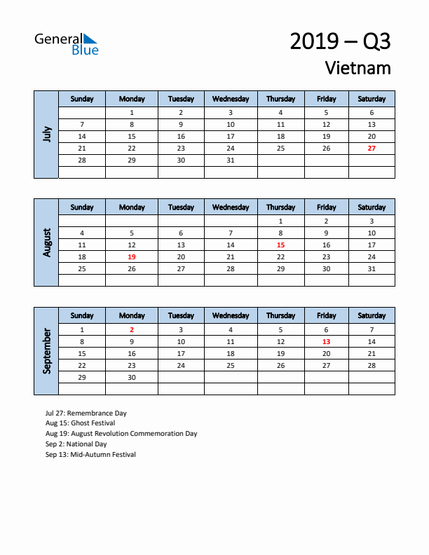 Free Q3 2019 Calendar for Vietnam - Sunday Start