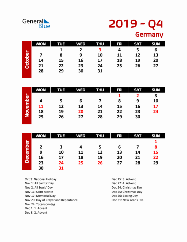 Q4 2019 Calendar with Holidays in Germany