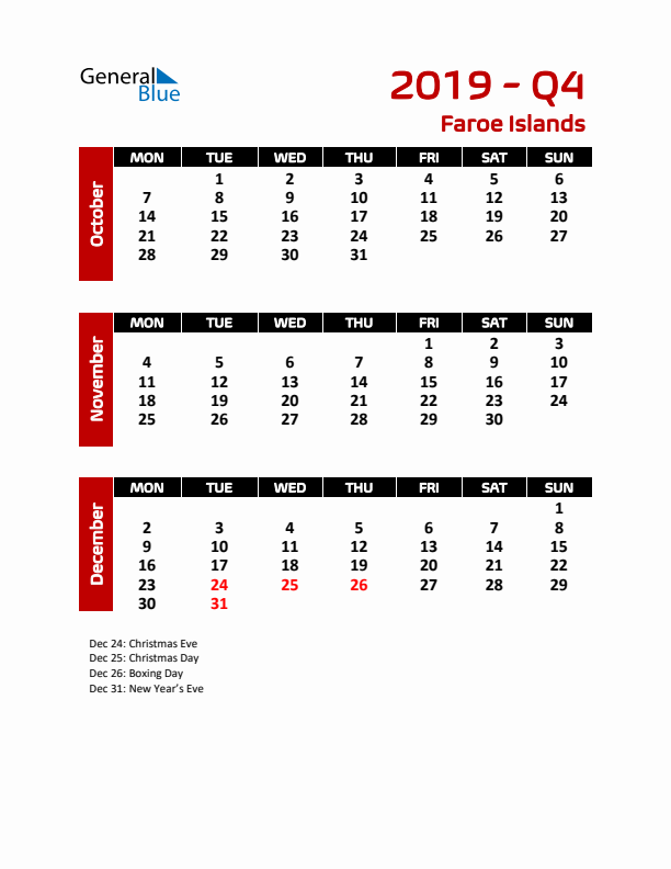 Q4 2019 Calendar with Holidays in Faroe Islands