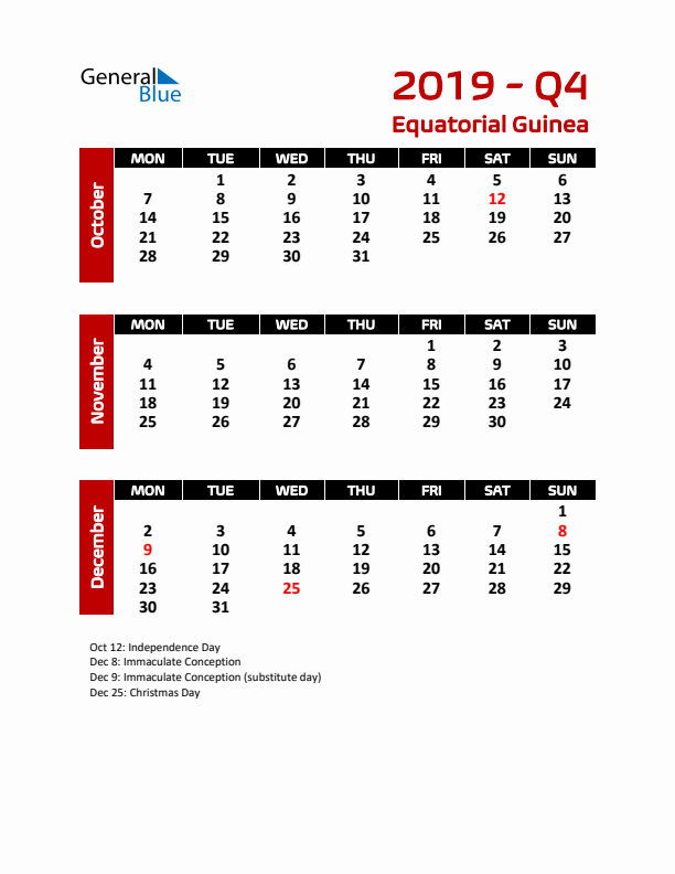 Q4 2019 Calendar with Holidays in Equatorial Guinea