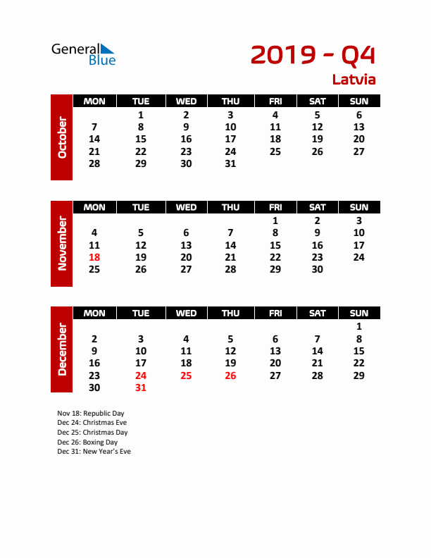 Q4 2019 Calendar with Holidays in Latvia