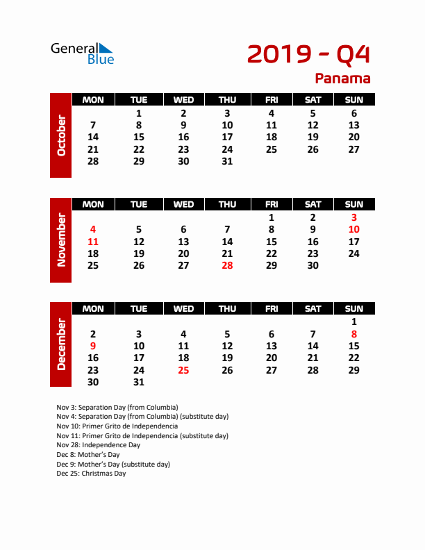 Q4 2019 Calendar with Holidays in Panama