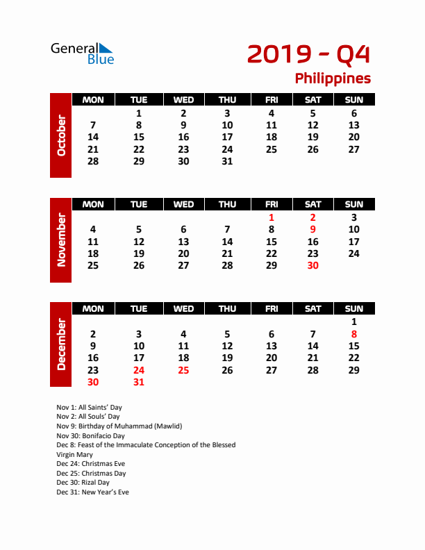 Q4 2019 Calendar with Holidays in Philippines