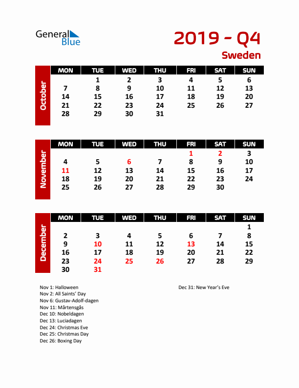 Q4 2019 Calendar with Holidays in Sweden