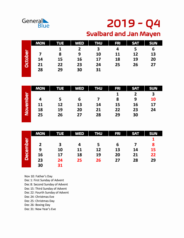 Q4 2019 Calendar with Holidays in Svalbard and Jan Mayen