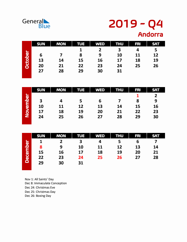 Q4 2019 Calendar with Holidays in Andorra