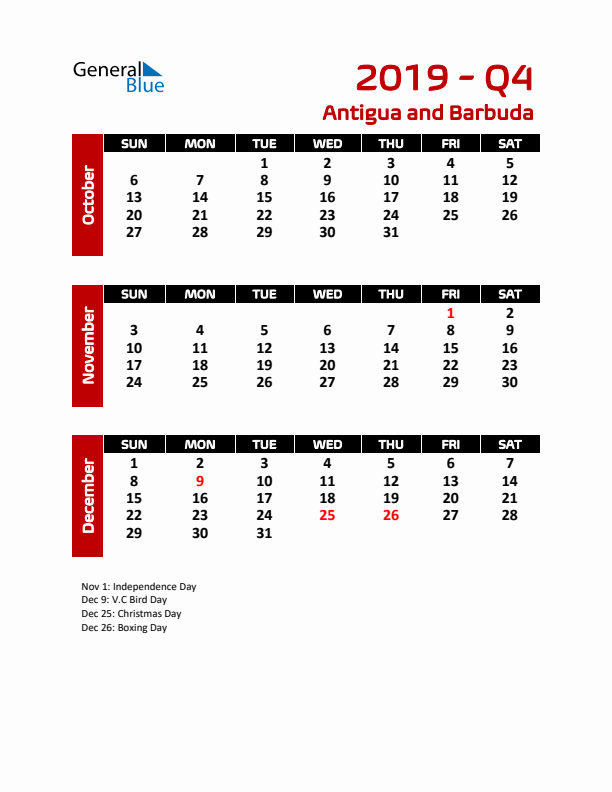 Q4 2019 Calendar with Holidays in Antigua and Barbuda