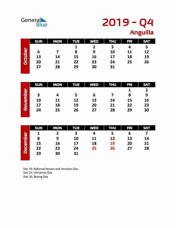 Q4 2019 Calendar with Holidays in Anguilla