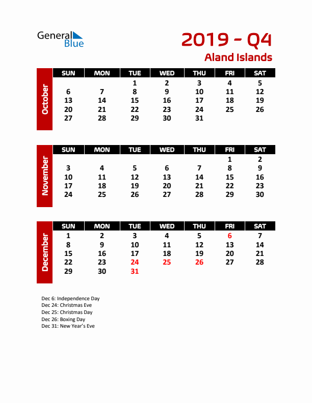 Q4 2019 Calendar with Holidays in Aland Islands