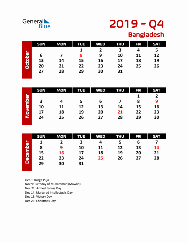 Q4 2019 Calendar with Holidays in Bangladesh