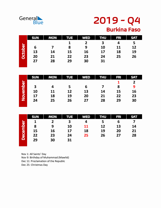 Q4 2019 Calendar with Holidays in Burkina Faso