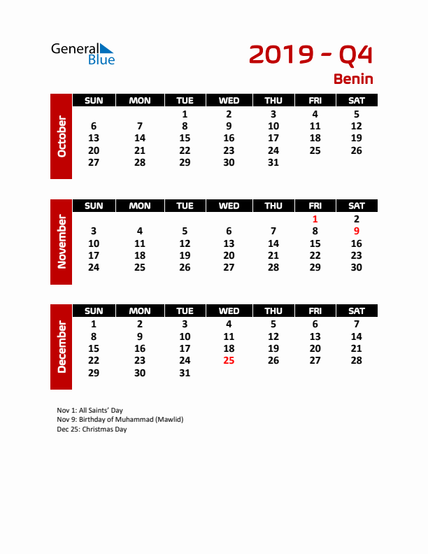 Q4 2019 Calendar with Holidays in Benin