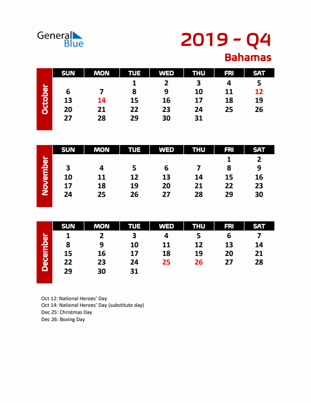 Q4 2019 Calendar with Holidays in Bahamas