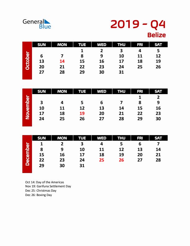 Q4 2019 Calendar with Holidays in Belize