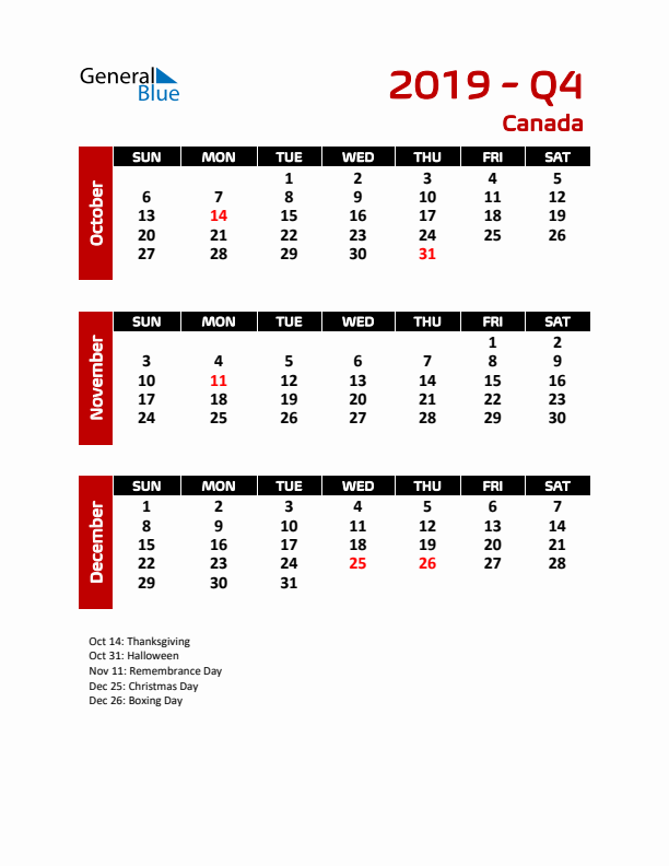 Q4 2019 Calendar with Holidays in Canada