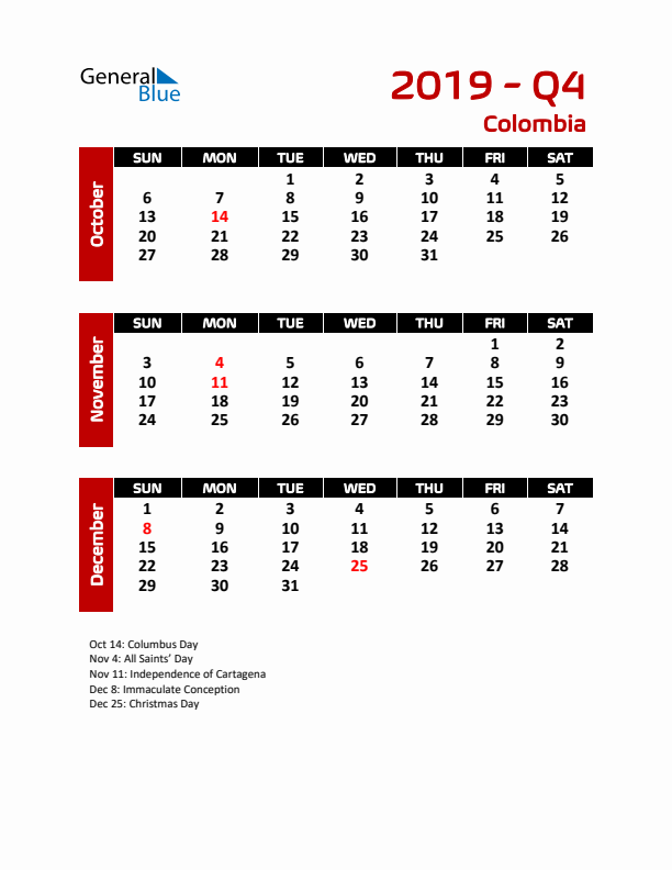 Q4 2019 Calendar with Holidays in Colombia