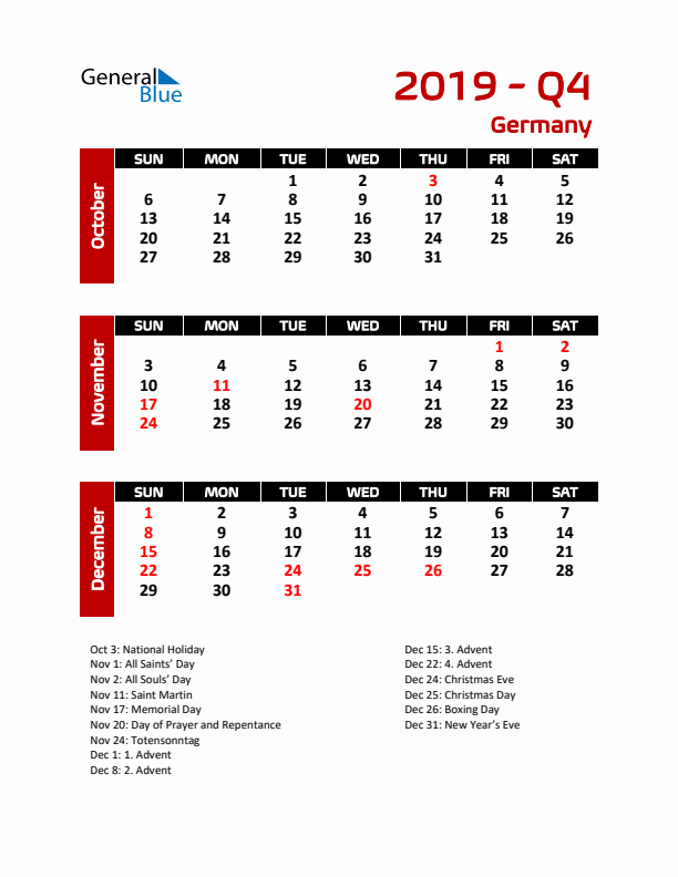 Q4 2019 Calendar with Holidays in Germany