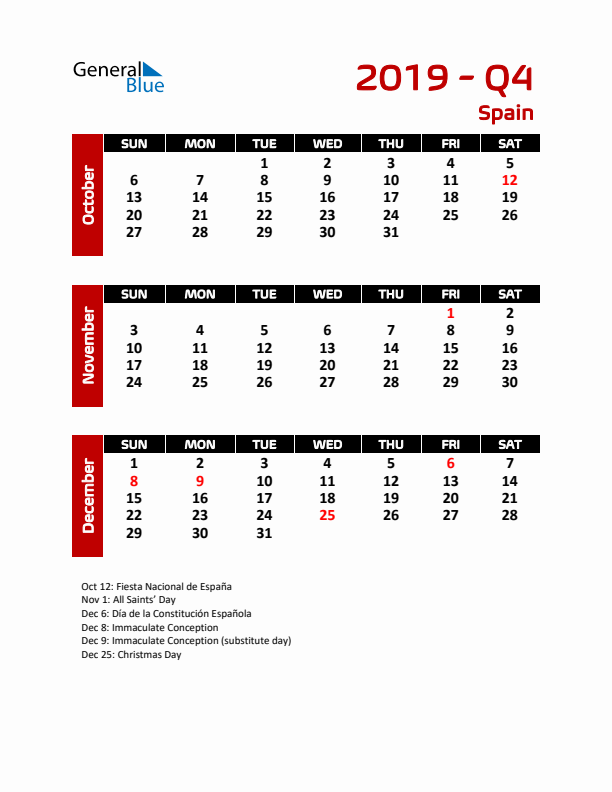 Q4 2019 Calendar with Holidays in Spain