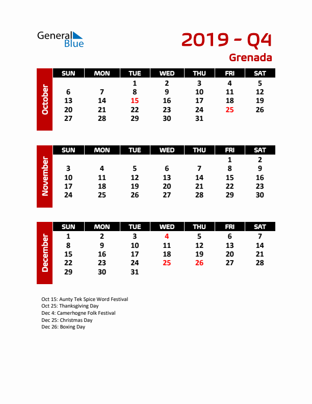 Q4 2019 Calendar with Holidays in Grenada