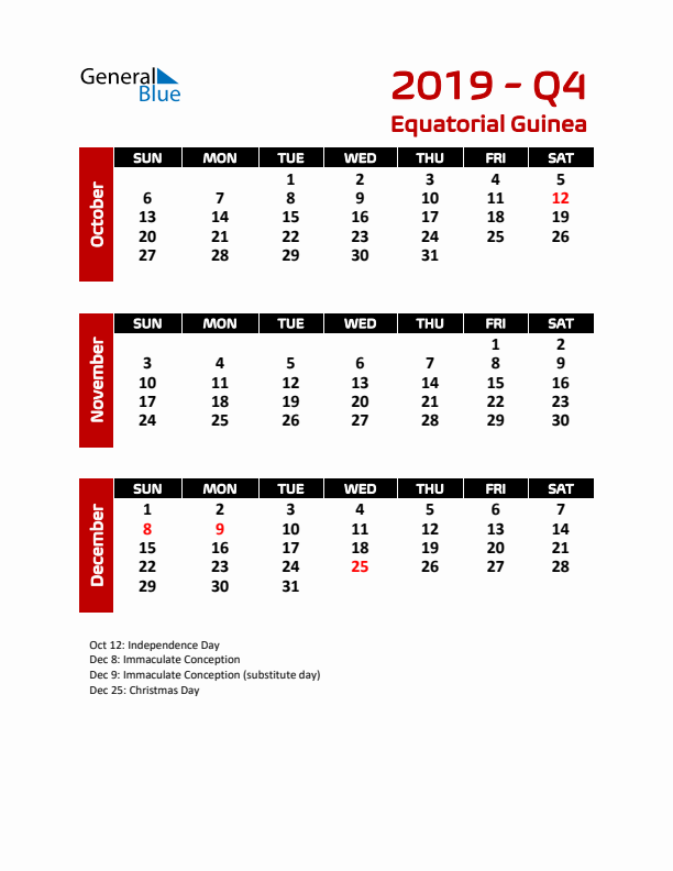 Q4 2019 Calendar with Holidays in Equatorial Guinea