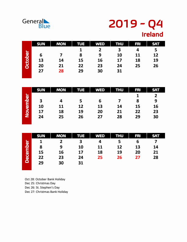 Q4 2019 Calendar with Holidays in Ireland