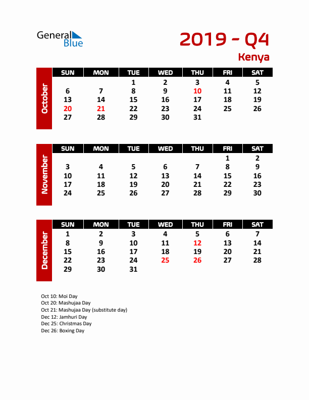 Q4 2019 Calendar with Holidays in Kenya