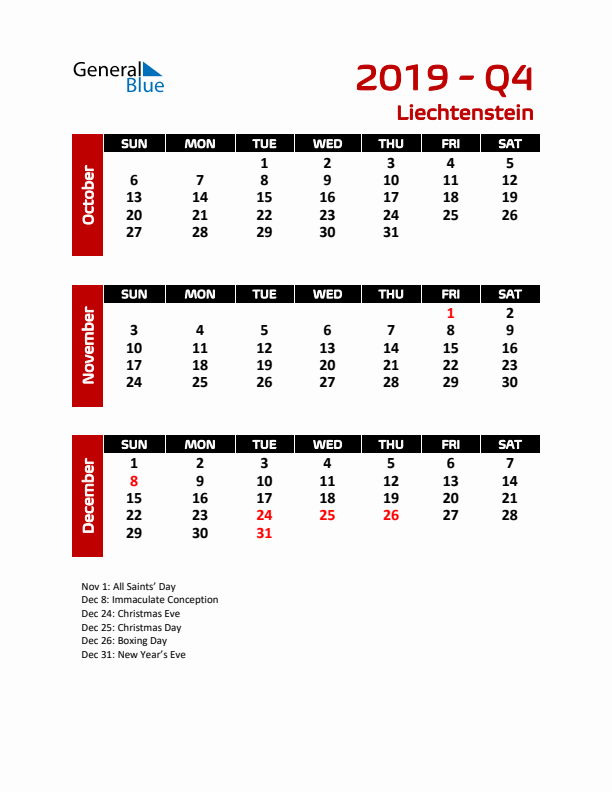 Q4 2019 Calendar with Holidays in Liechtenstein