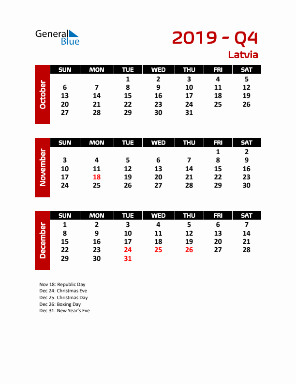 Q4 2019 Calendar with Holidays in Latvia