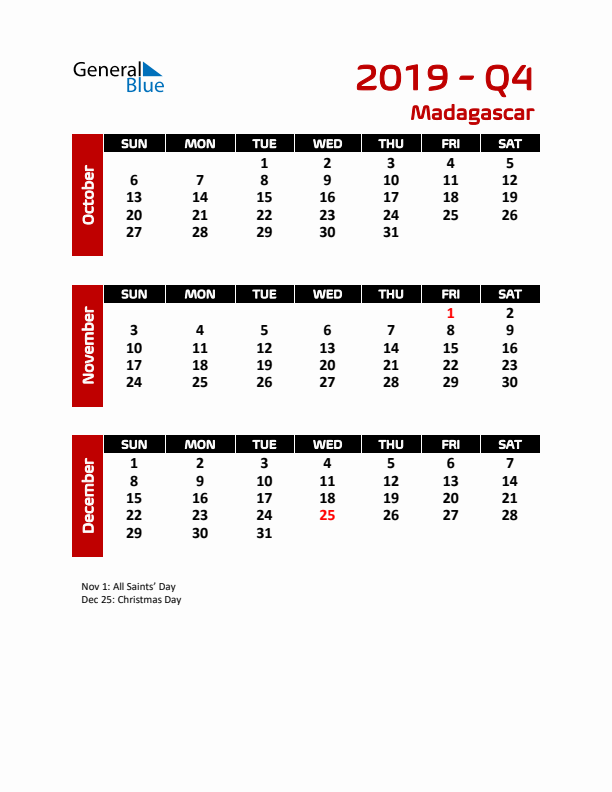 Q4 2019 Calendar with Holidays in Madagascar