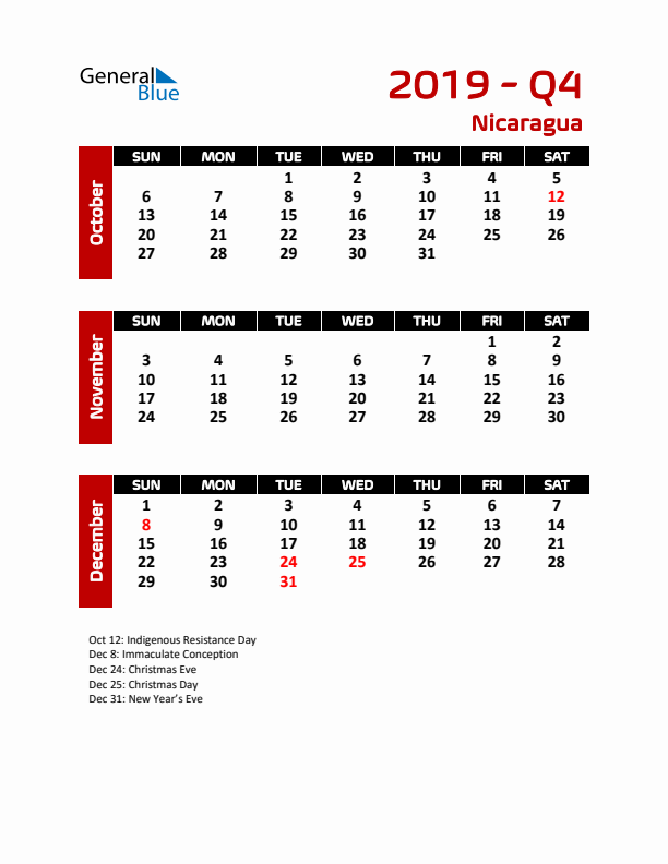 Q4 2019 Calendar with Holidays in Nicaragua