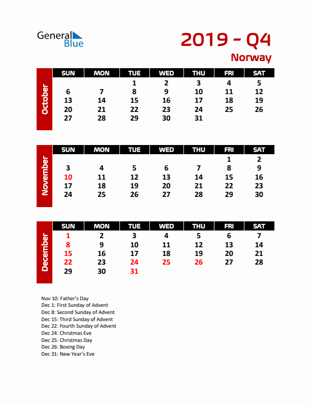 Q4 2019 Calendar with Holidays in Norway