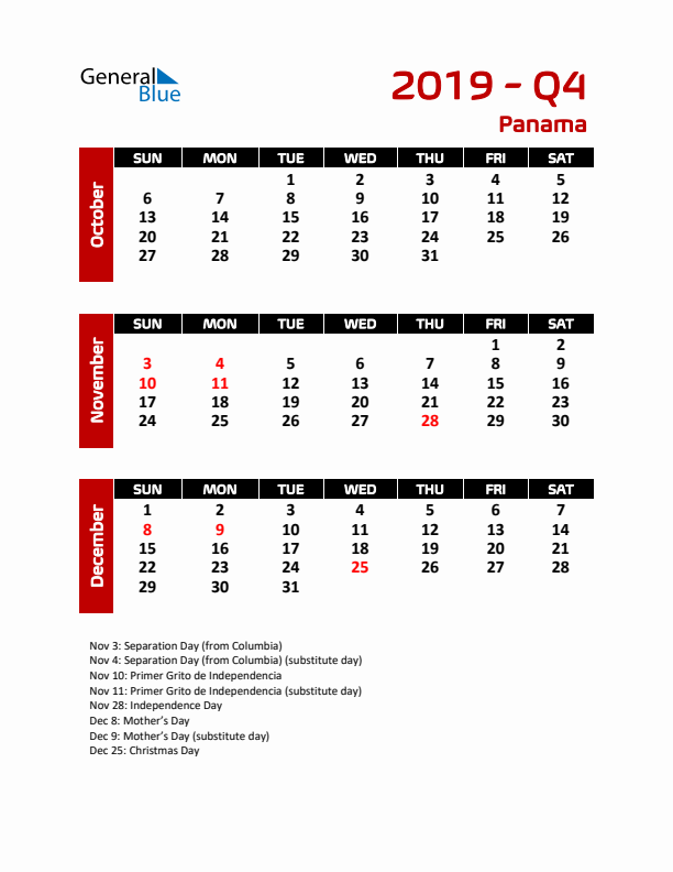 Q4 2019 Calendar with Holidays in Panama