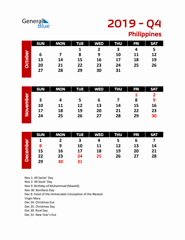 Q4 2019 Calendar with Holidays in Philippines