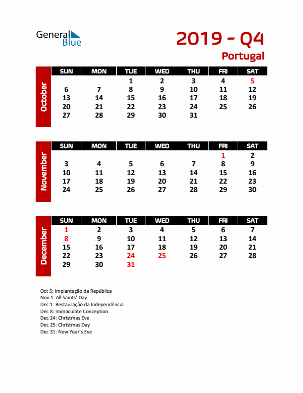 Q4 2019 Calendar with Holidays in Portugal