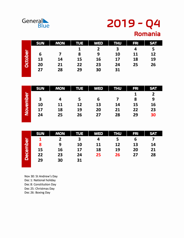 Q4 2019 Calendar with Holidays in Romania