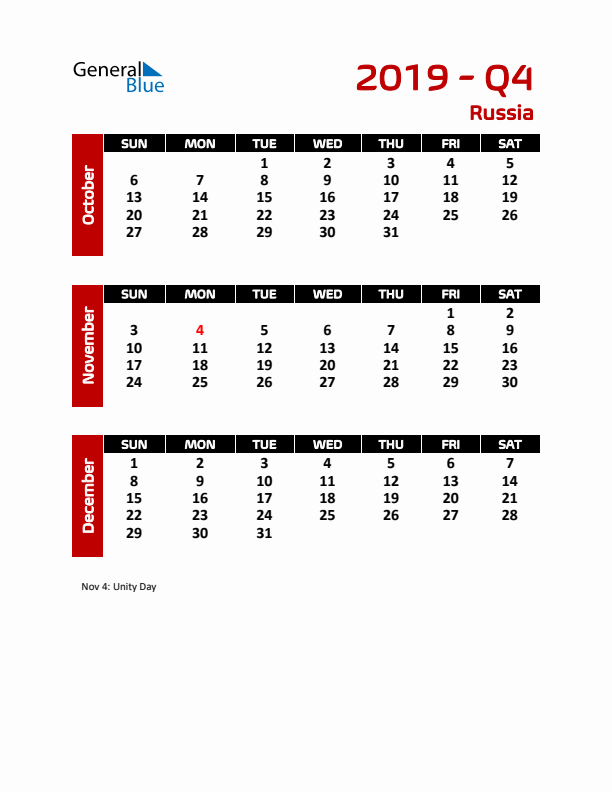 Q4 2019 Calendar with Holidays in Russia