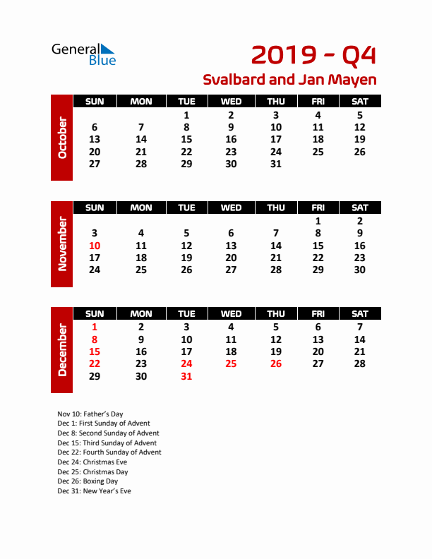 Q4 2019 Calendar with Holidays in Svalbard and Jan Mayen