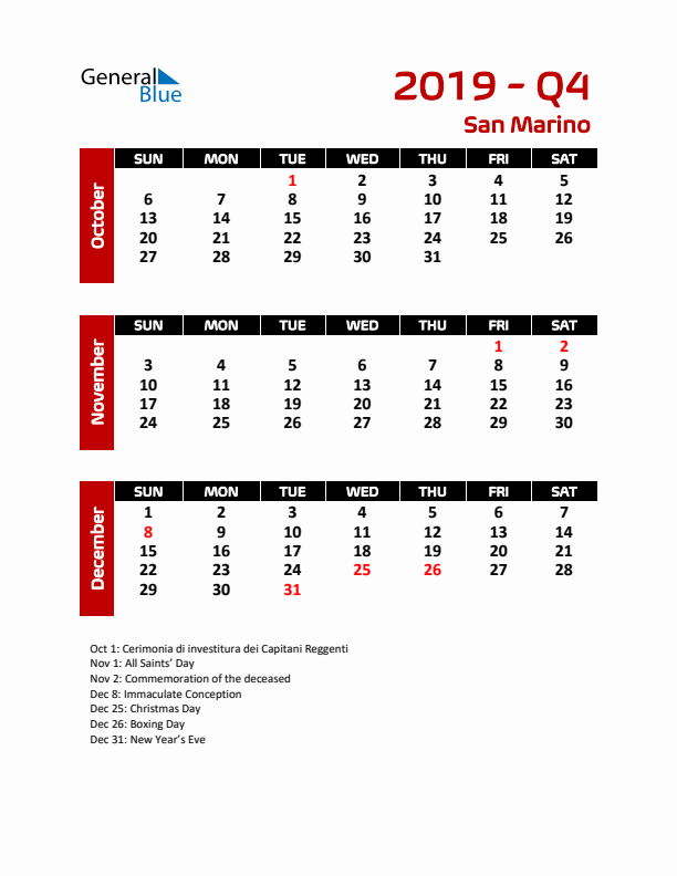 Q4 2019 Calendar with Holidays in San Marino