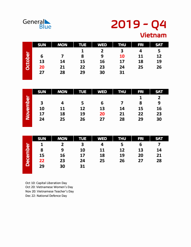 Q4 2019 Calendar with Holidays in Vietnam