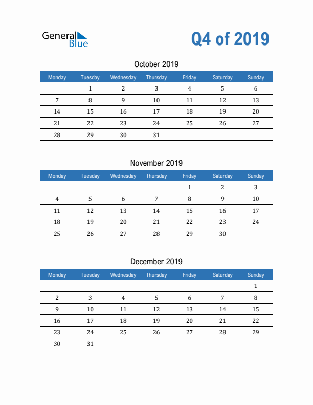 Fillable Quarterly Calendar for Q4 2019