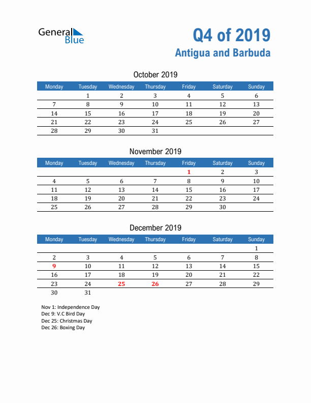 Antigua and Barbuda Q4 2019 Quarterly Calendar with Monday Start