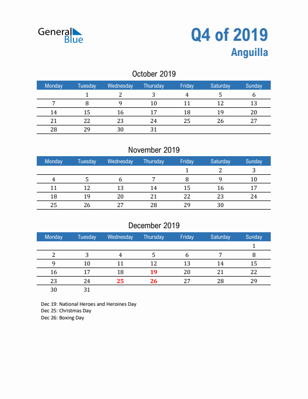 Anguilla Q4 2019 Quarterly Calendar with Monday Start