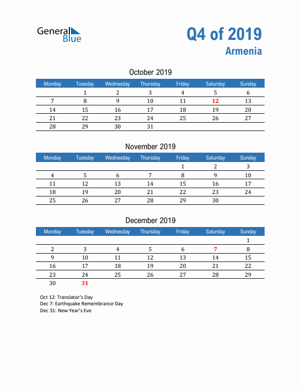 Armenia Q4 2019 Quarterly Calendar with Monday Start