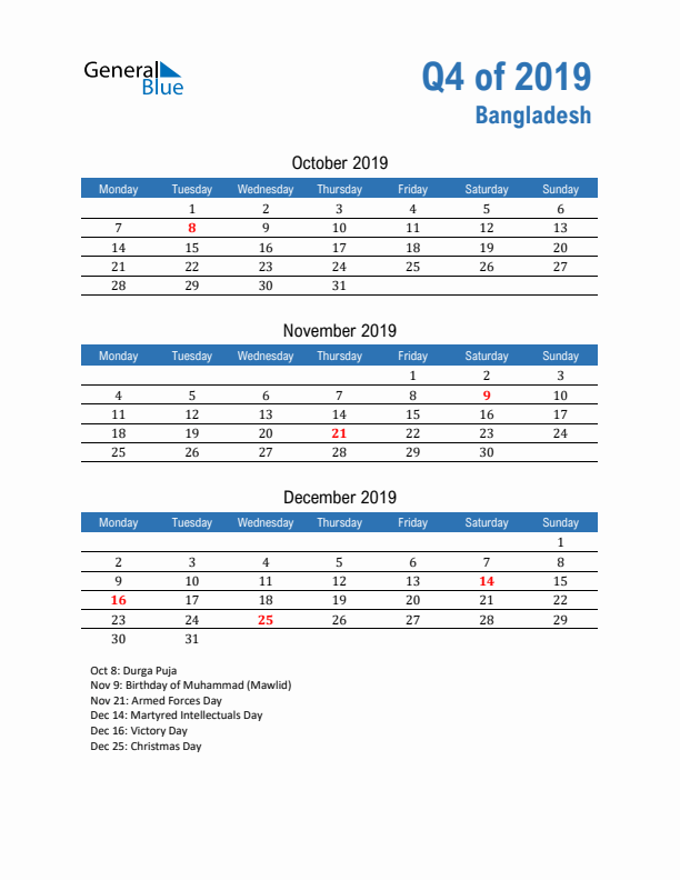 Bangladesh Q4 2019 Quarterly Calendar with Monday Start