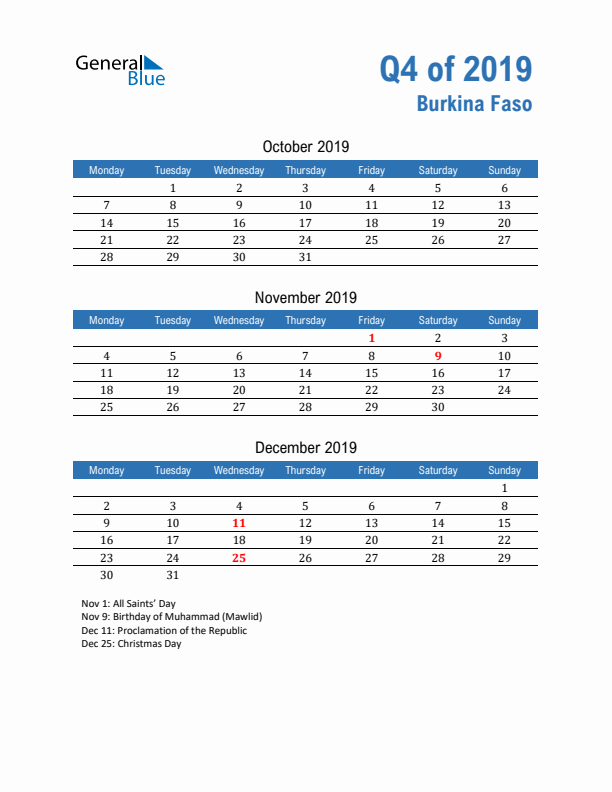 Burkina Faso Q4 2019 Quarterly Calendar with Monday Start