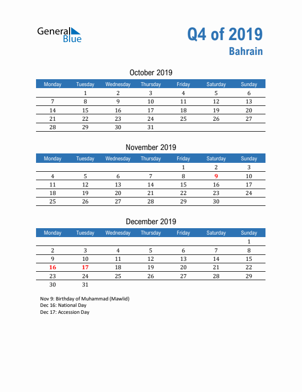 Bahrain Q4 2019 Quarterly Calendar with Monday Start