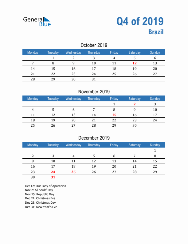 Brazil Q4 2019 Quarterly Calendar with Monday Start