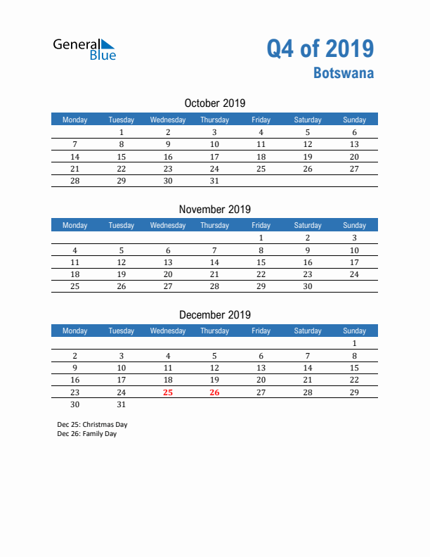 Botswana Q4 2019 Quarterly Calendar with Monday Start